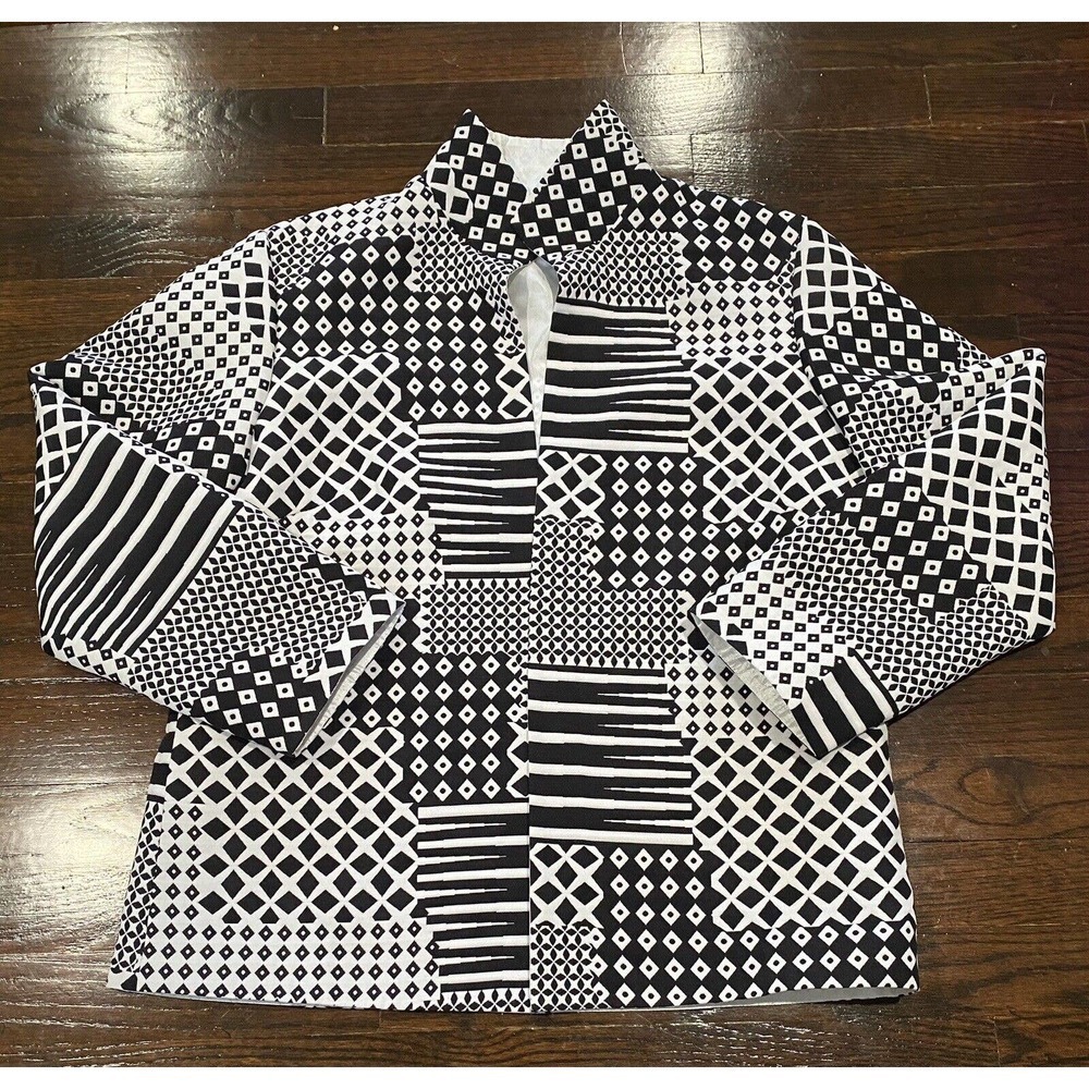 Grace Chuang Open Front Black White Blazer Size S Silver Lined Geometric Texture